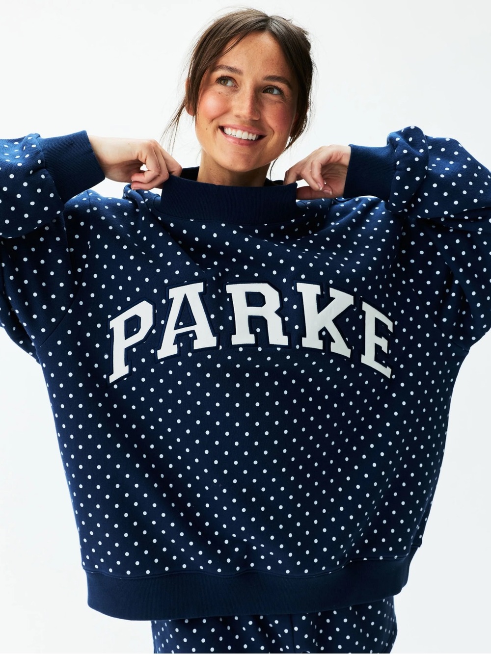 Parke Navy White Polka Dot Varsity Mock Neck Sweatshirt